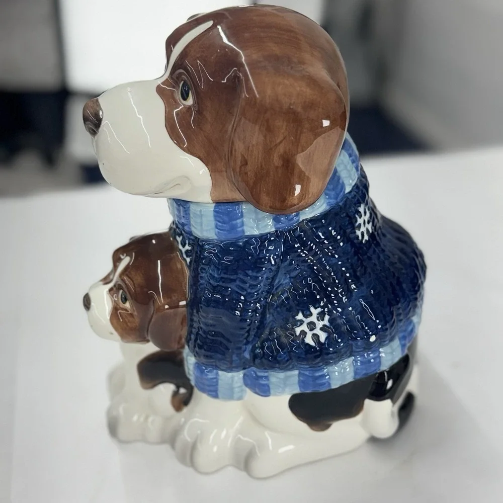 Mercuries Beagle Dog in Blue Knit Sweater With Puppy Ceramic Cookie Jar Vintage
